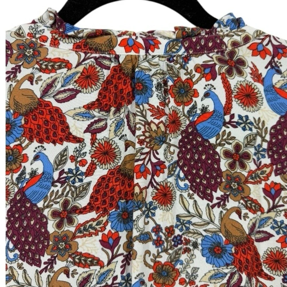 LOFT Womens Peacock Floral Ruffle Sleeve Henley Blouse Multicolor Top Size XL‎